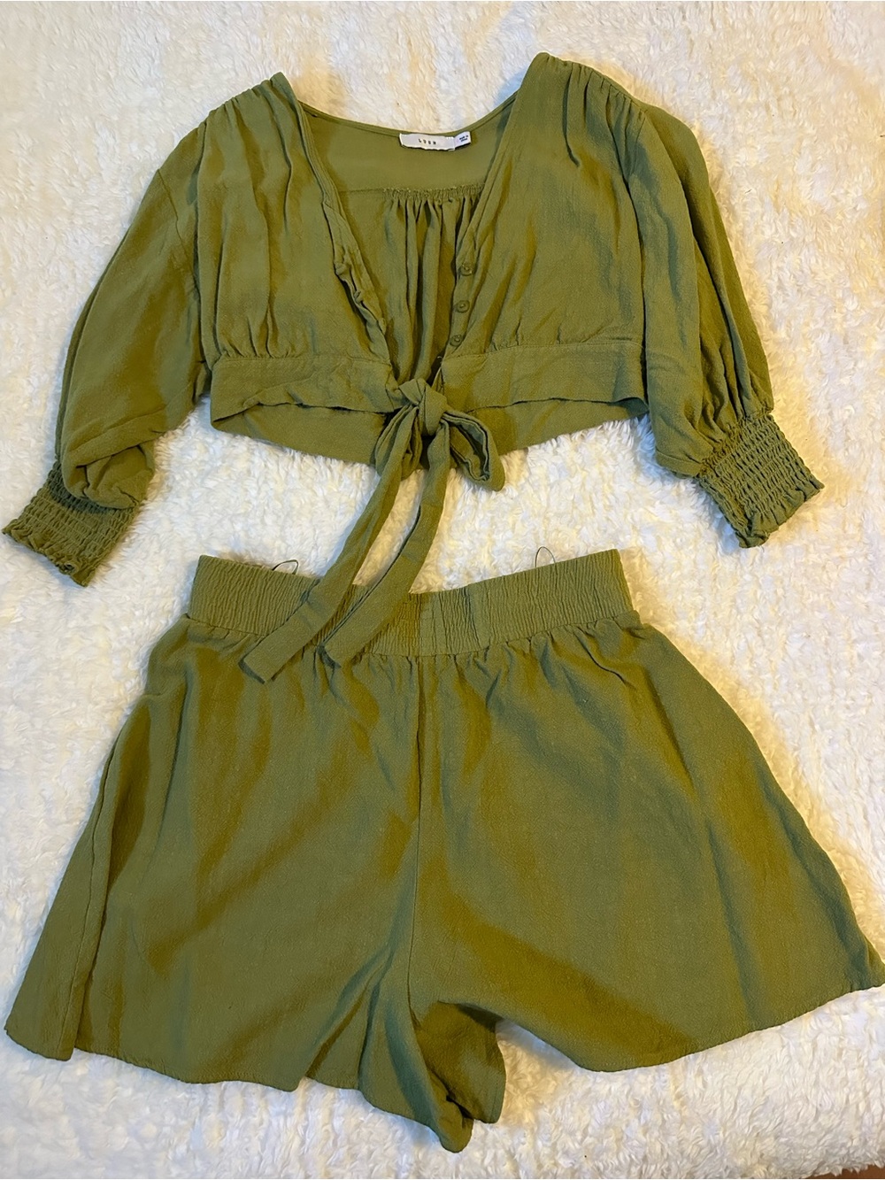 Lush Olive Green Tie-Front Crop Top and Elastic Waist Shorts Set